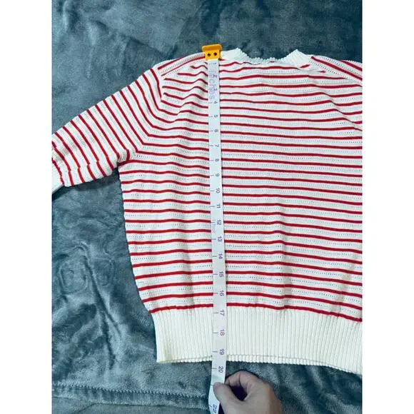 NWT Madewell Size Small Textural-Stitch Cotton Sweater Short Sleeve Red White - Picture 9 of 9